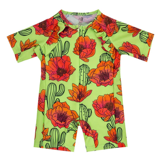Girls UV50+ Coverall Swimsuit with Ruffles - Prickly Pear