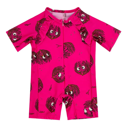 Girls UV50+  Coverall Swimsuit with Ruffles - Tumbleweed Pink
